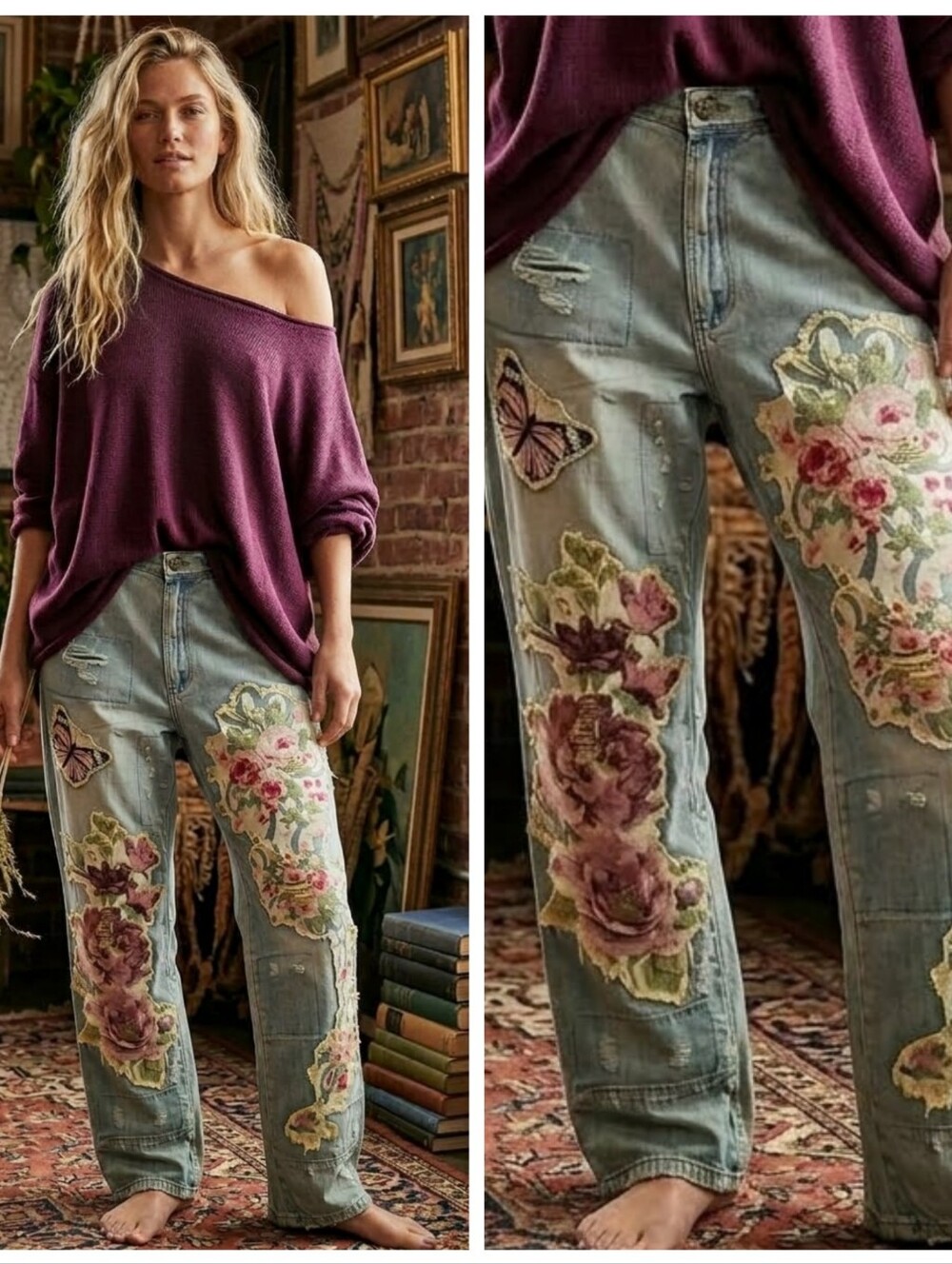 Embroidered Floral Patchwork Boyfriend Jeans - Dusty Light Blue